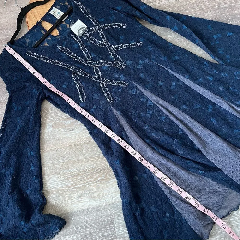 Nwt free‎ people blue sheer lace beaded bell sleeve witchy dress